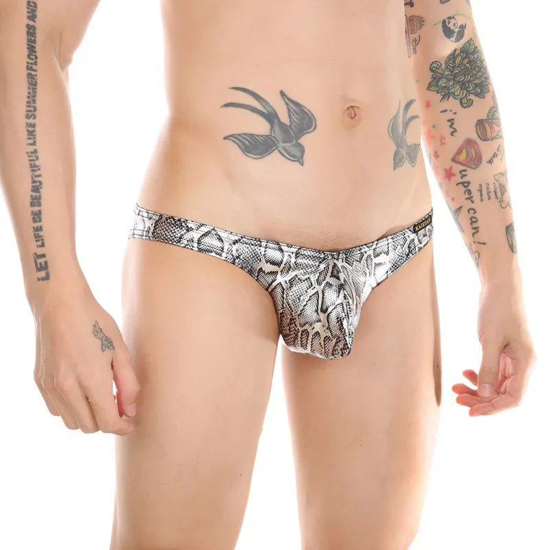 Cuecas masculinas estampadas de pele de cobra com bolsa de protuberância sexy cueca de biquíni confortável da marca WANGJIANG