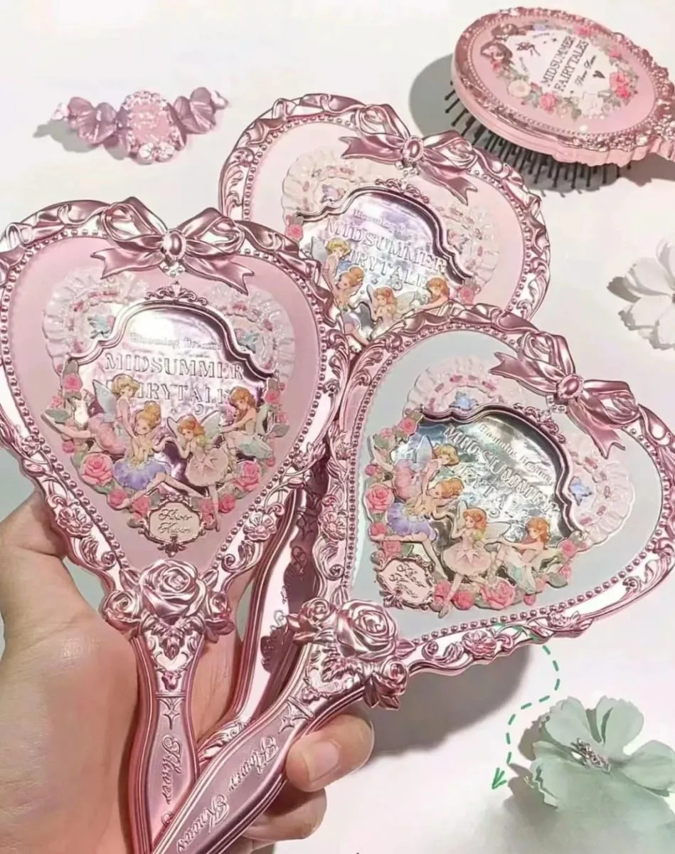 Flor conhece espelho de maquiagem portátil, noite de verão, morango, cupido, coelho, padrão de alívio de jardim, kit de ferramentas de maquiagem de cor limitada