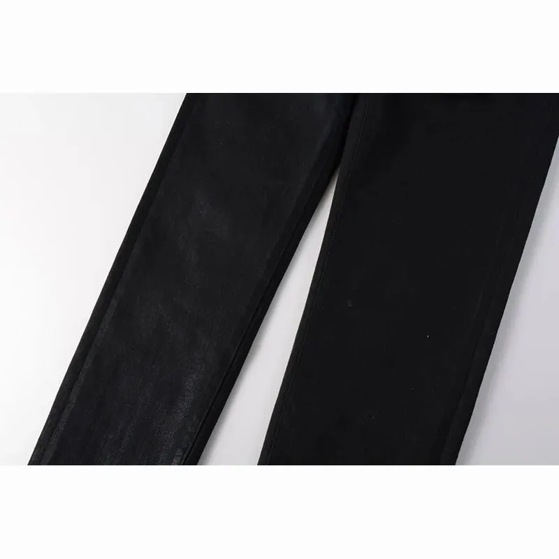 Calça jeans masculina americana High Street desgastada sólida preta revestida de alta elasticidade skinny e slim fit