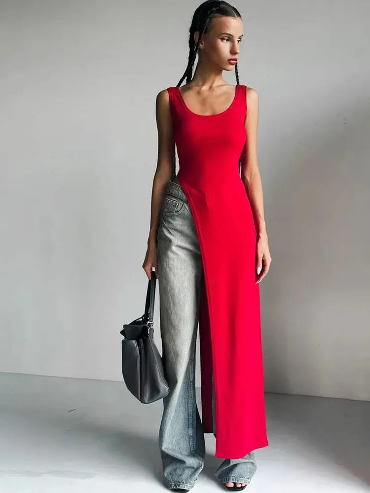 Verão personalidade tendência magro ajuste cor sólida rua nicho irregular assimétrico bainha sem mangas vestido colete