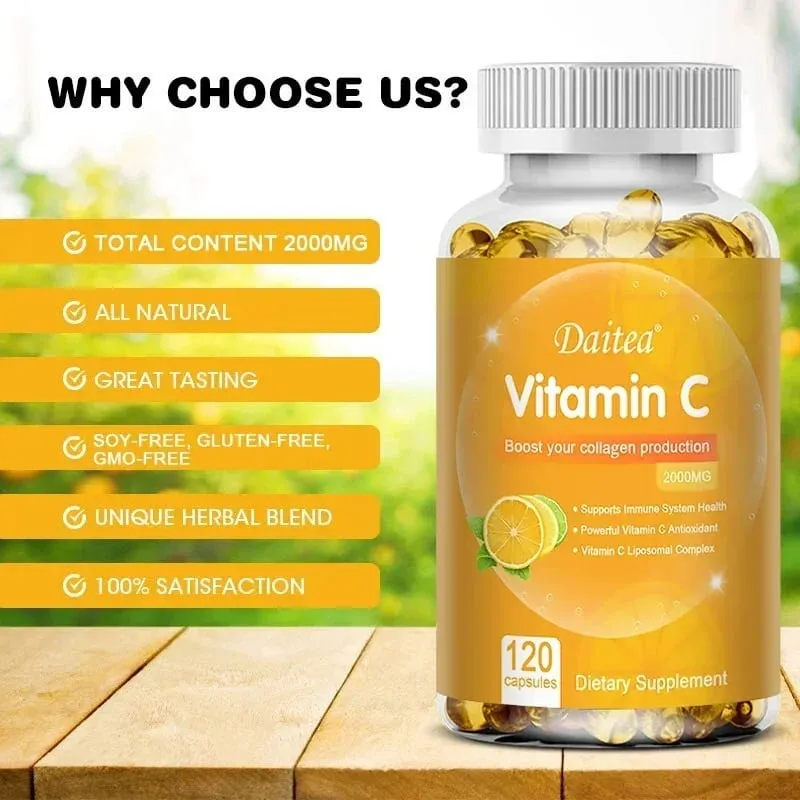 Vitamina C 2000 Mg Promove a Produção de Colágeno Suplemento Dietético Lipossomal de Vitamina C Não OGM e Vegetariano Sem Glúten