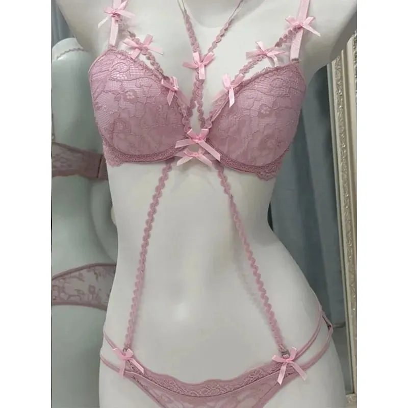 Aesthetic Layered Lace Bra Set - Hollow Out Halter Top with Bow Inner Red Lace Up Bra Two Piece Matching Lingerie for Women AB