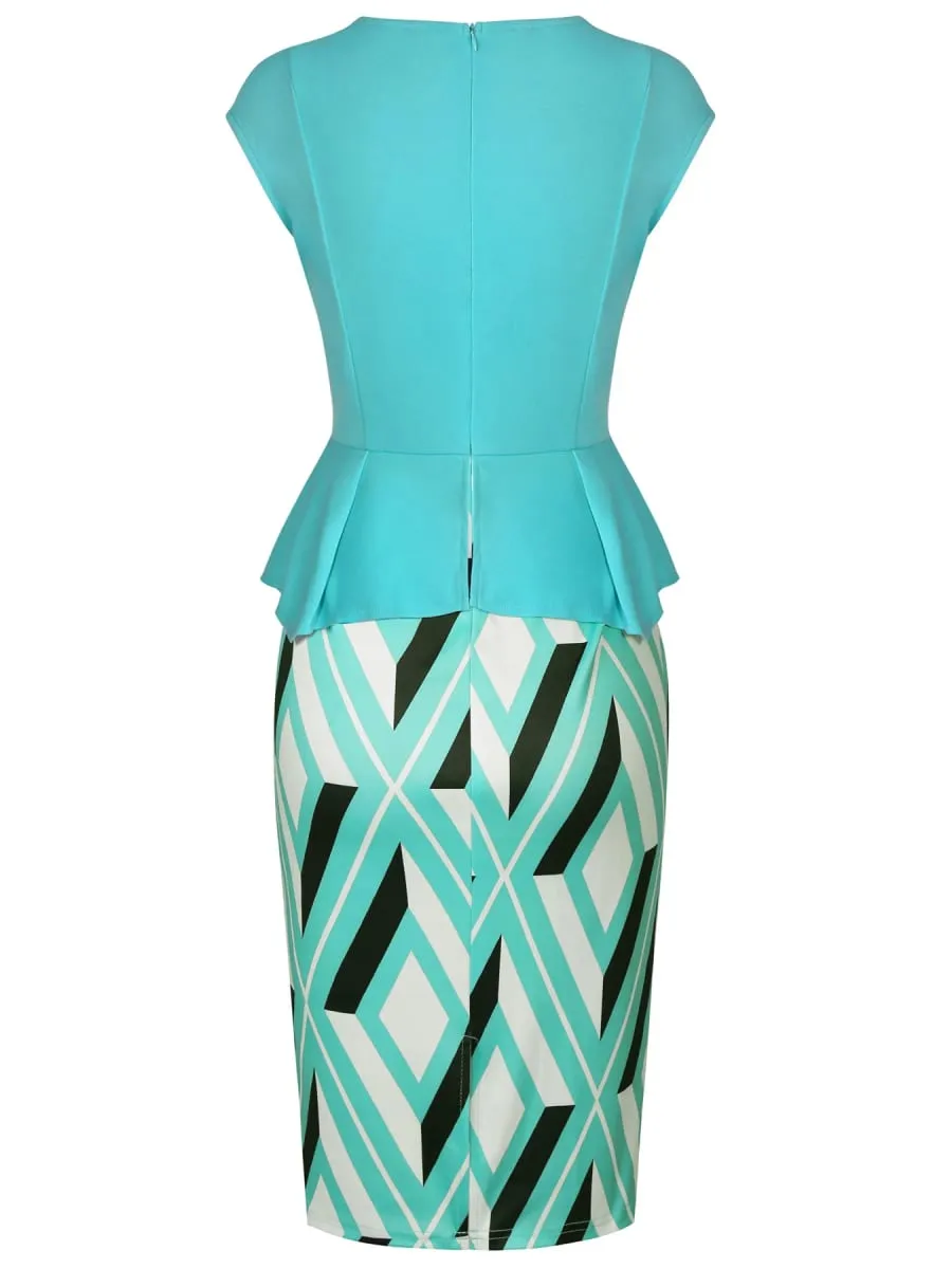 Vestido feminino geométrico estampado, gola quadrada, peplum, trabalho, escritório, comprimento do joelho, patchwork, negócios, casual, festa, lápis, bodycon, vestido bainha