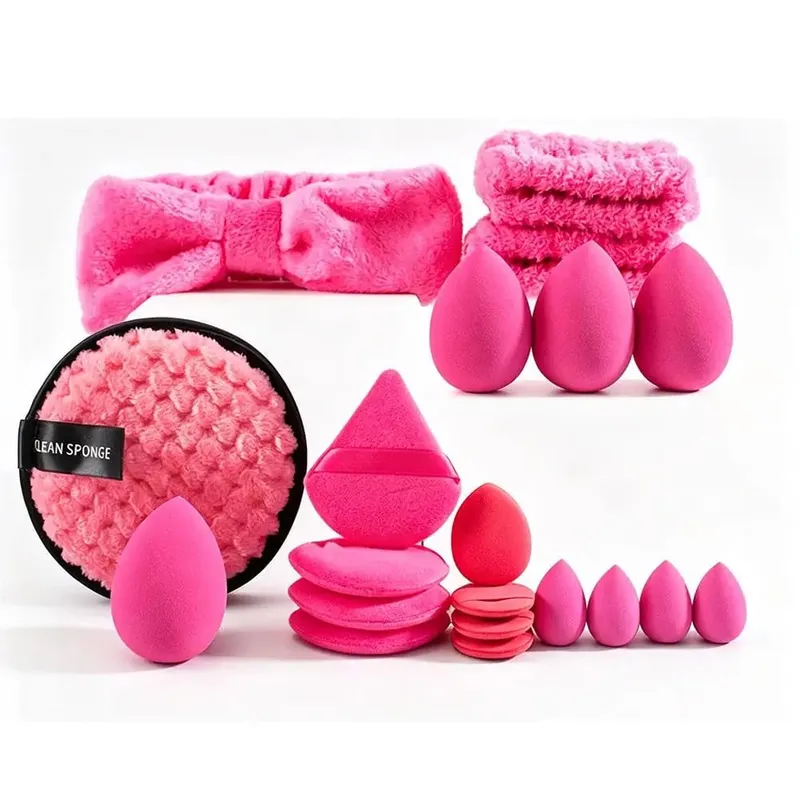 20 pçs conjunto de esponja de maquiagem liquidificador triângulo pó puff mini corretivo esponja rosto limpo lavagem puff bandana kit