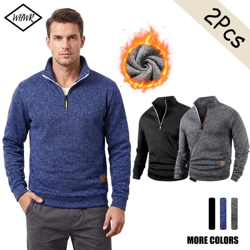 Conjunto de 2 peças homem 1/4 zíper camisola gola simulada, pulôver forrado de lã com punhos canelados casuais quentes para o outono inverno desgaste diário