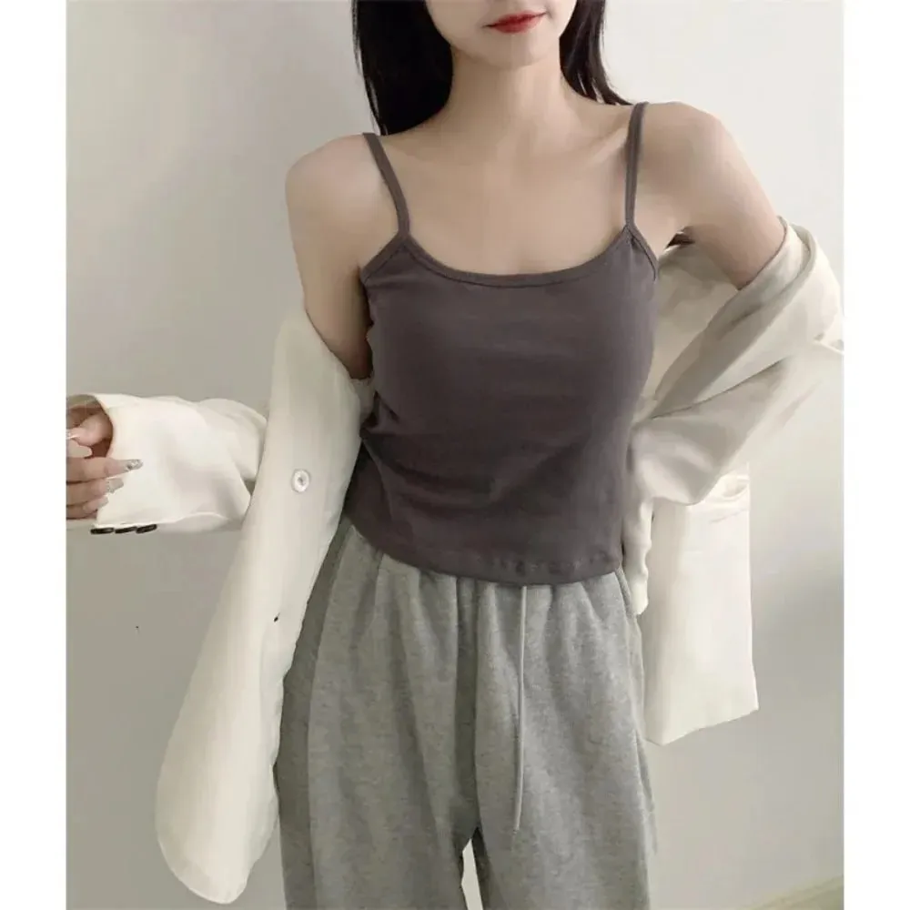 1 peça coreana feminina cor sólida alças finas sem mangas camisola fina com almofada no peito