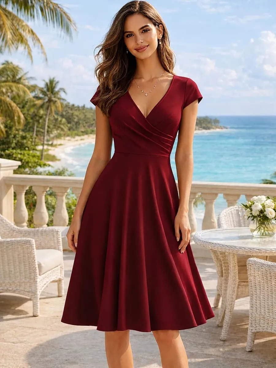 Feminino elegante em torno do pescoço verão manga curta sólido a linha na altura do joelho vestido de cintura alta swagger festa de casamento casual partida