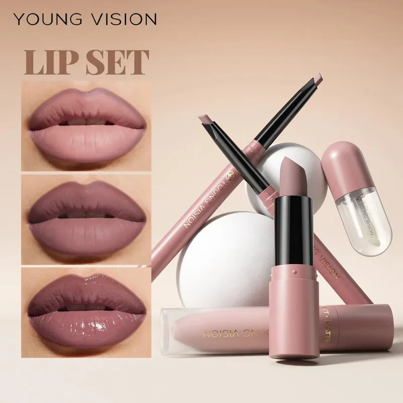 Conjunto de 4 unidades kit de maquiagem labial forro batom líquido óleo labial 8 cores opcionais fosco veludo labial para maquiagem diária de festa — image 3