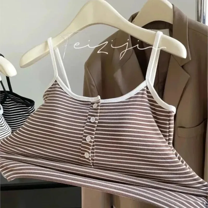 Colete feminino listrado integrado, roupa interna e externa, botão fixo, sem sutiã, top esportivo, estilo curto, algodão 100%, colete curto