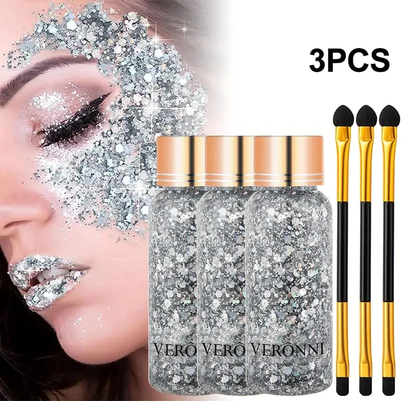 Conjunto de 3 unidades de glitter robusto com 3 pincéis de sombra de ponta dupla para festival, festa de Halloween, palco, sessão de fotos, maquiagem corporal facial