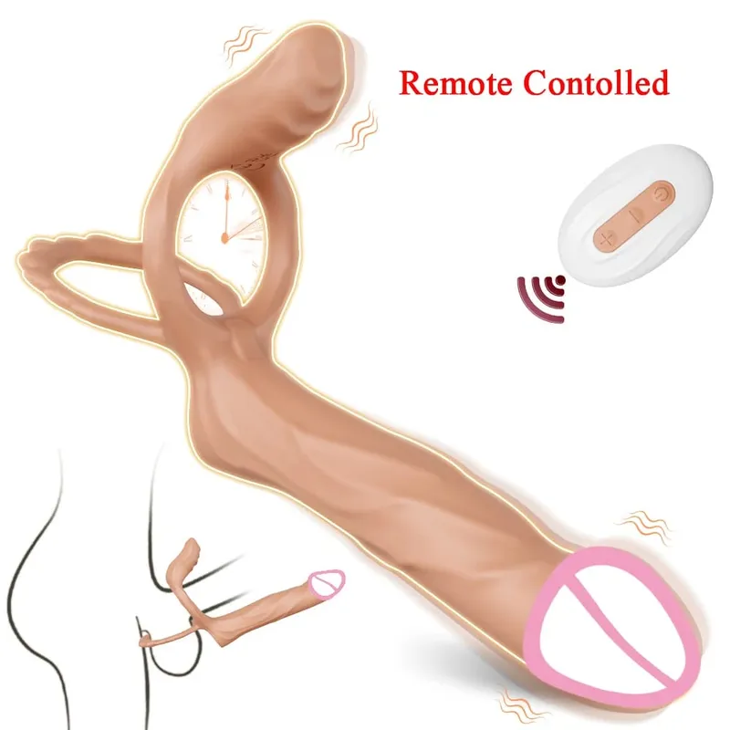 Vibrador de dupla penetração com controle remoto, para casal, plugue anal, vibrador com anel peniano, brinquedos sexuais adultos para homens e mulheres