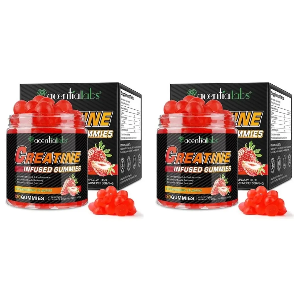 Gomas de monohidrato de creatina 5000mg para recuperação de força muscular e aumento de energia pré-treino Morango vegano sem açúcar 120 Ct