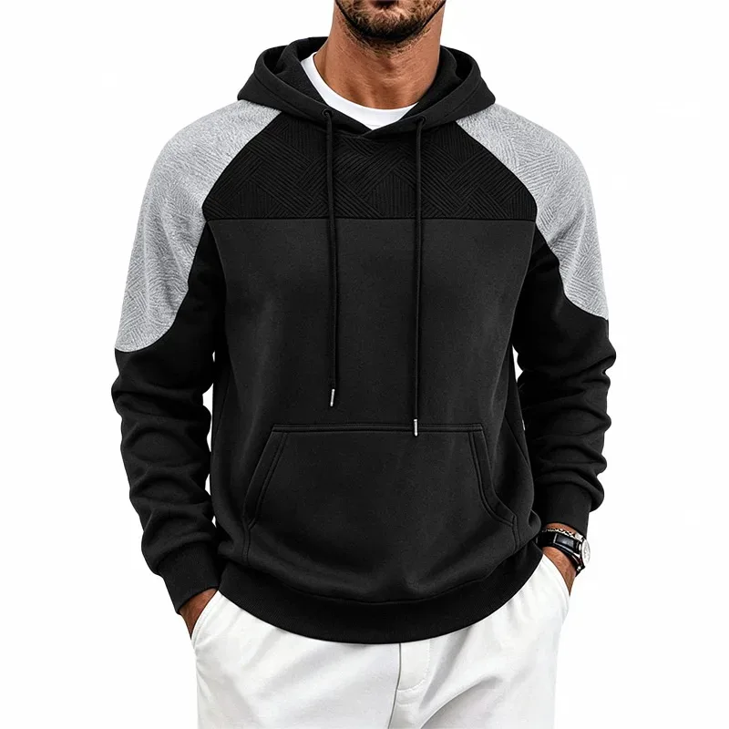 Men Patchwork Color Block Pullover Hoodie Drawstring Kangaroo Pocket Long Sleeve Loose Sweatshirt Autumn Winter Streetwear Tops