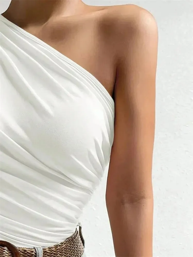 Women One Shoulder Pleated Tank Top Summer Solid Sleeveless Ruched T-shirt Streetwear Off the Shoulder Top