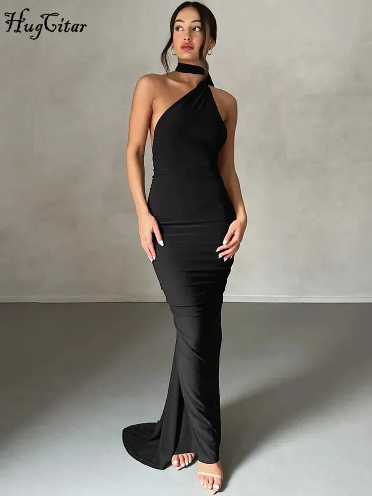 Hugcitar um ombro sem costas ajustável cachecol laço ruched sexy maxi vestido 2025 feminino elegante y2k streetwear festival outfit