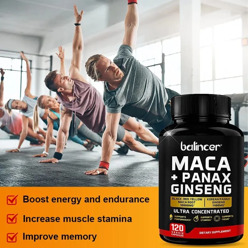 Maca & Ginseng Capsules 10000mg (Yellow+Red+Black) Extract Strength Endurance Muscle Mass Energy & Muscle Support
