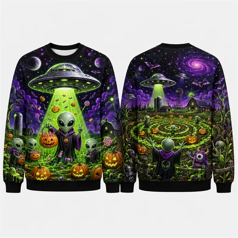 Pumpkin Ghost Graffiti Sweatshirt Halloween Mens 3D Print Polyester Crew Neck Long Sleeve Hip Hop Fashion Pullover Oversized Fit