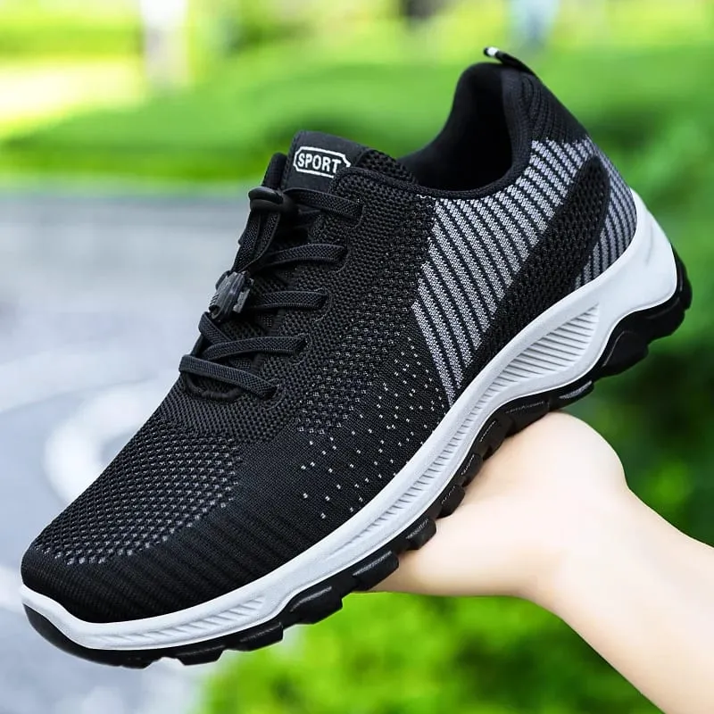 Tênis masculino de malha respirável de malha elástica de renda rápida antiderrapante sola grossa tênis esportivo para caminhada ao ar livre