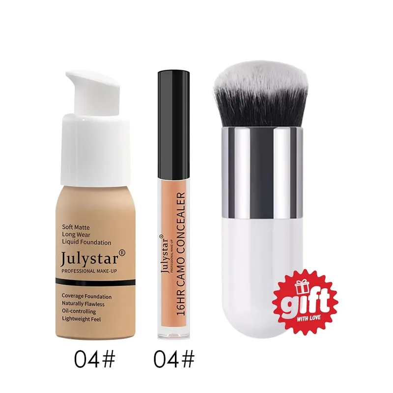 Kit de maquiagem base de 3 peças, base e pincel sem corretivo. Cobertura total leve e mate 16H Oil-Control para um rosto diário natural