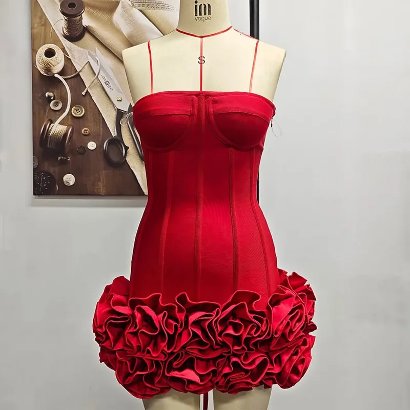 Vc vestido de natal sem alças sem costas vermelho estruturado floral embelezado mini comprimento bodycon celebridade festa vestido de cocktail