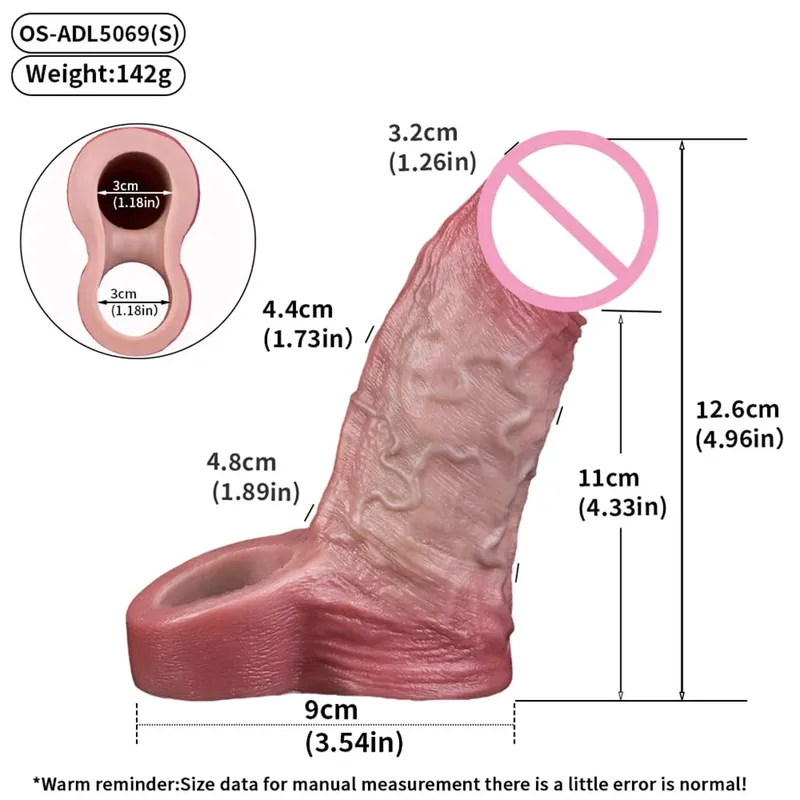 Luva reutilizável para pênis com cabeça fechada realista e anel peniano para ampliação do pênis, atraso na ejaculação, brinquedos sexuais para homens