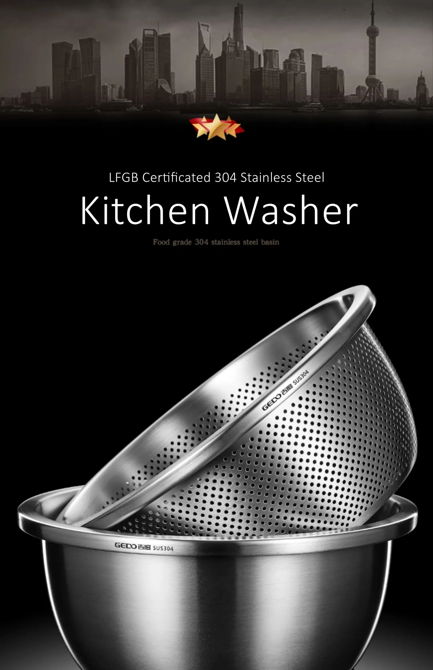 Certificação LFGB 304 Arruela de cozinha de aço inoxidável Moldagem integrada Lavadora de frutas ultra grossa com coador de poros finos de 2 mm
