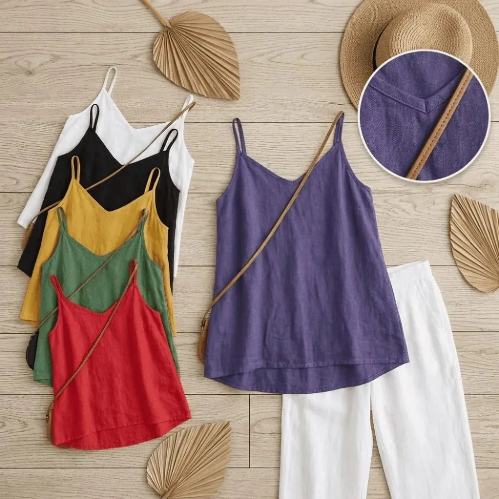 Top básico de algodão com alça espaguete, decote em V, sem mangas, regata solta, respirável, camis, roupa de verão — image 3