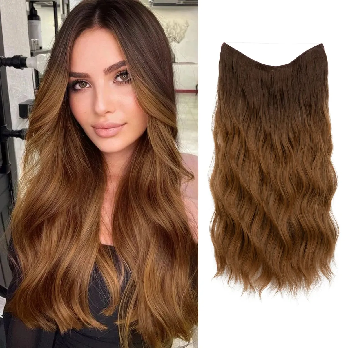 Fio invisível ondulado sintético com clipes, extensão de cabelo, linha de peixe, loiro natural, clipe em peça de cabelo falso