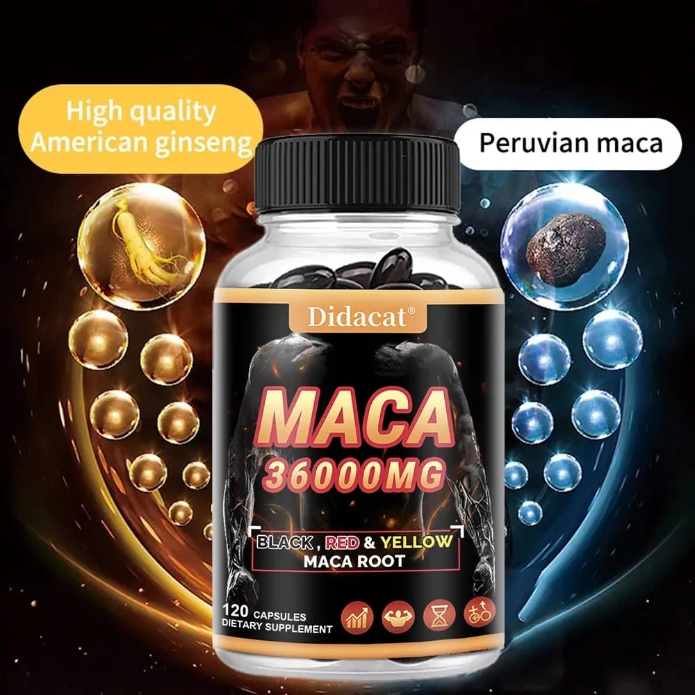Cápsulas orgânicas em pó de raiz de maca com suplemento de extrato de raiz de maca preto + vermelho + amarelo para homens e mulheres - 120 cápsulas