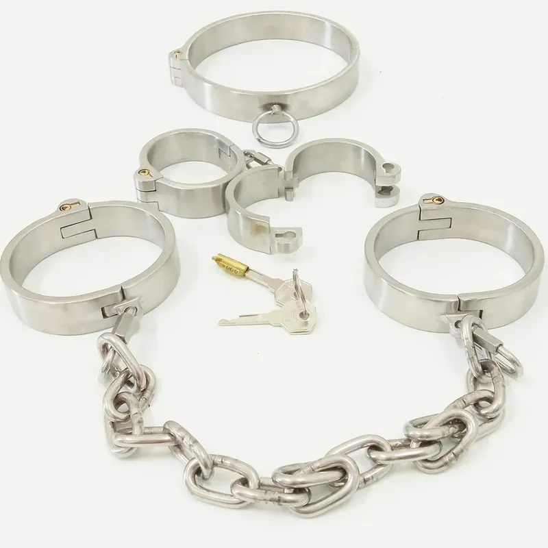 Stainless Steel Lockable Neck Collar Hand Ankle Cuffs Slave BDSM Tool Bondage Handcuffs Leg Irons Restraints Sex Toy for Couples