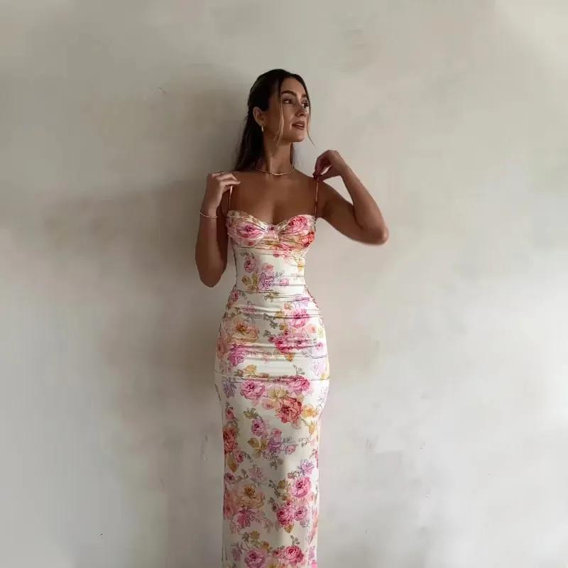 Novo floral suspender split magro sem mangas patry praia estilo espaguete cinta vestido roupas femininas mini vestido 2024 verão