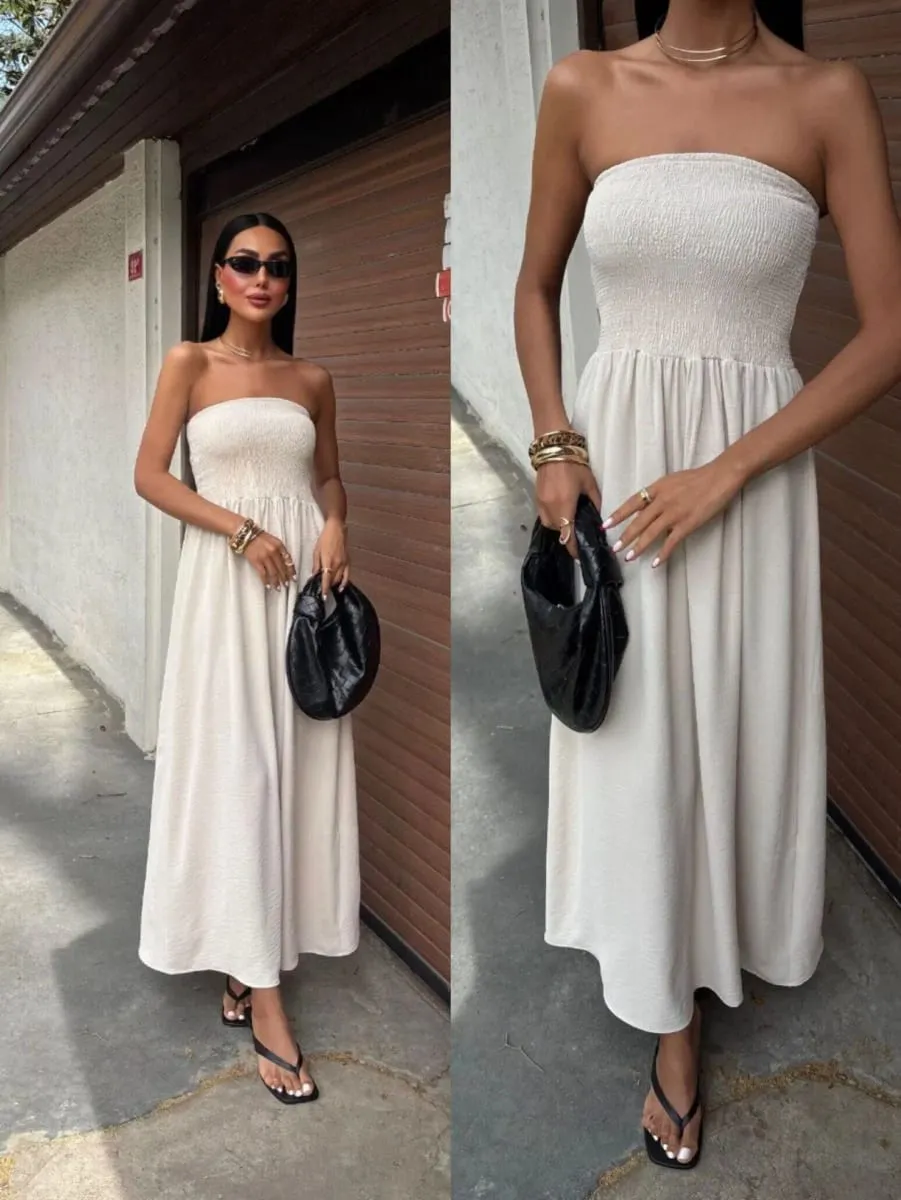 2026 nova moda verão cor sólida fora do ombro sem alças cintura-cintura vestido longo para mulher