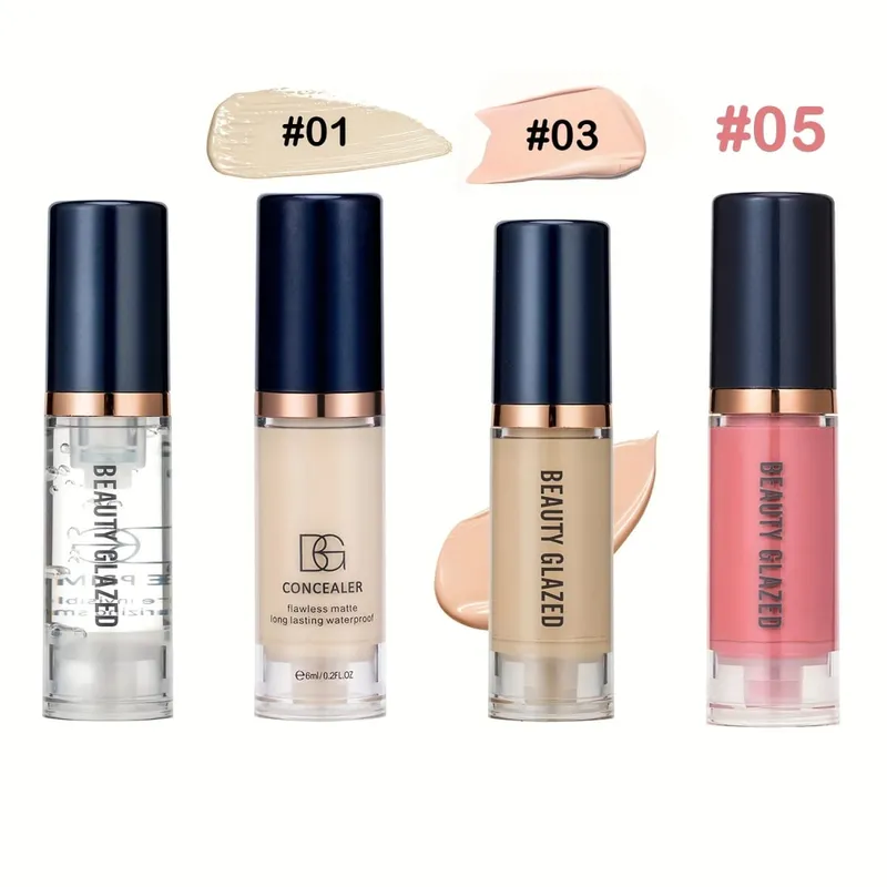 Conjunto de 4 peças de primer + corretivo + base líquida + blush líquido fosco veludo à prova d'água base blush maquiagem para viagens