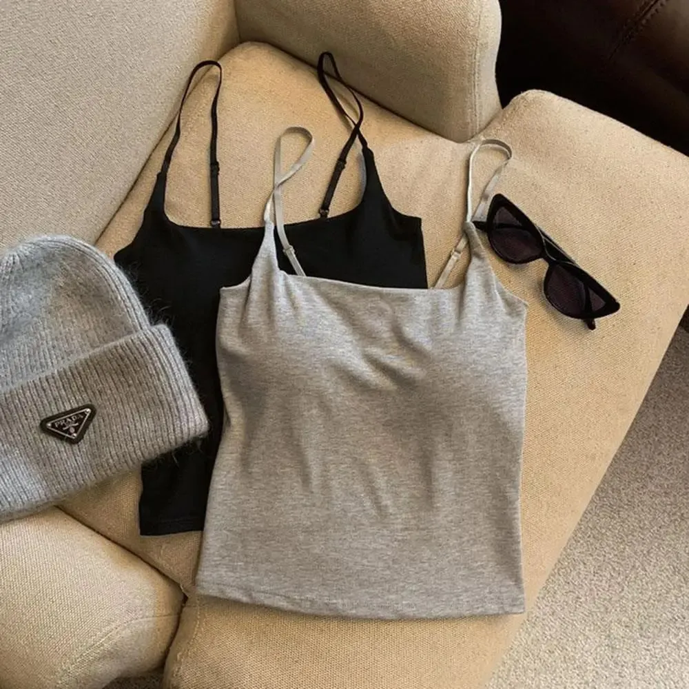 Básico sólido camis casual sem mangas cinta de espaguete colheita topo quadrado pescoço regatas com sutiã embutido y2k roupas femininas verão