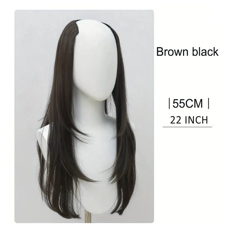 Extensões de cabelo sintético de 22 polegadas combina bem camadas longas retas onduladas em forma de V apliques de cabelo marrom