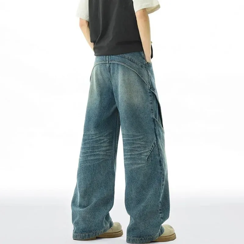 Calça jeans masculina curvada, versão coreana, com design retrô solto, perna reta, casual, bolso grande, perna larga