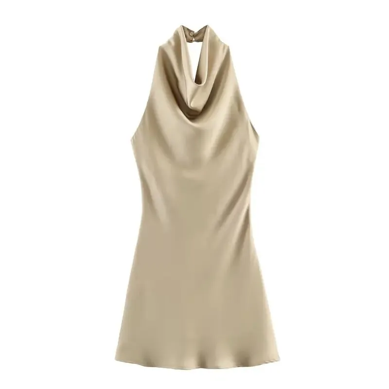 Silk Satin Texture Summer New Arrival Women's Dr Hanging Ne Collar Gown Soft A-Line Skirt High Waist Pure Color