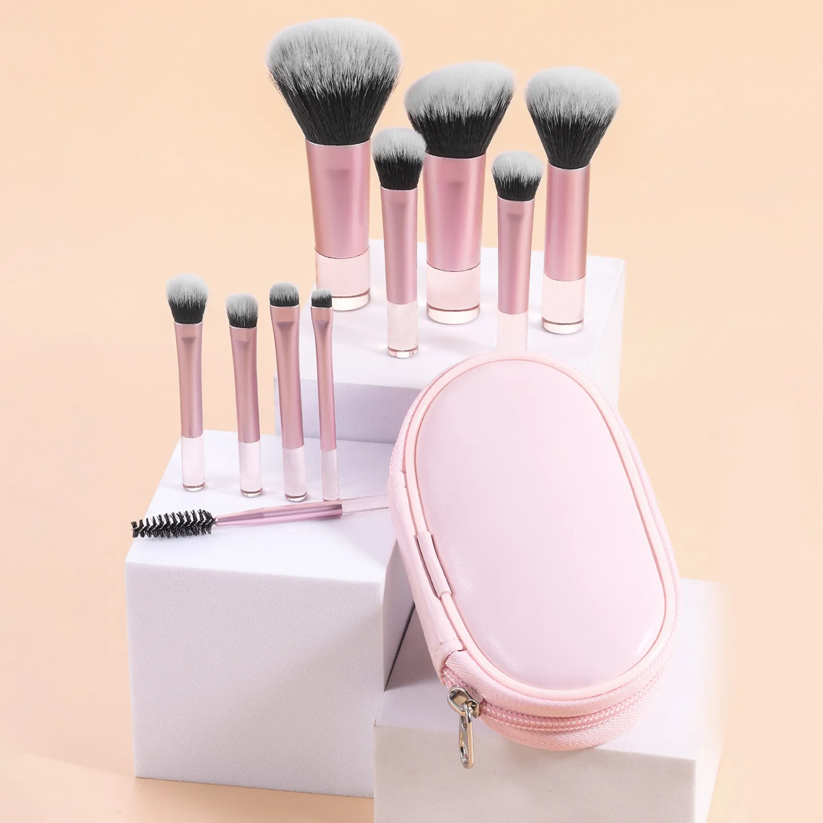 10 Pink Mini Makeup Brush Travel Portable Makeup Tool Makeup Puff - Palm Brush Professional Makeup Tool Set