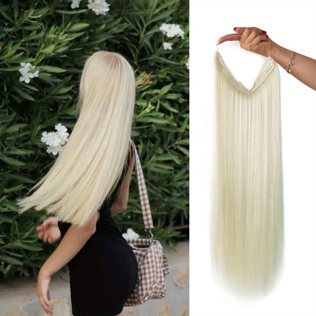 Invisible Wire Hair Extensions Adjustable Size Removable Secure Clips in 24 Inch Straight Secret Hairpiece for Women