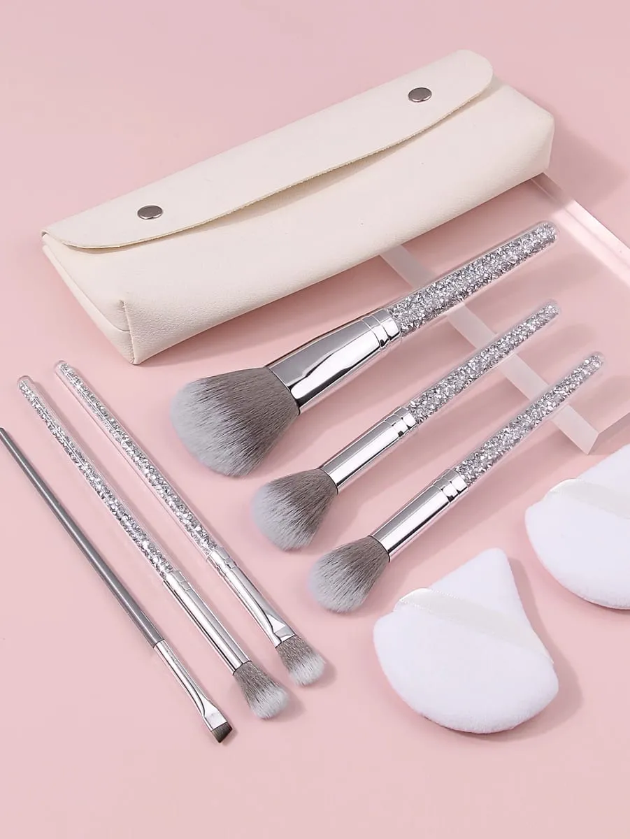 9 pçs glitter lidar com pincéis de maquiagem conjunto com triângulo pó puff saco de armazenamento portátil fundação blush sombra ferramentas de mistura
