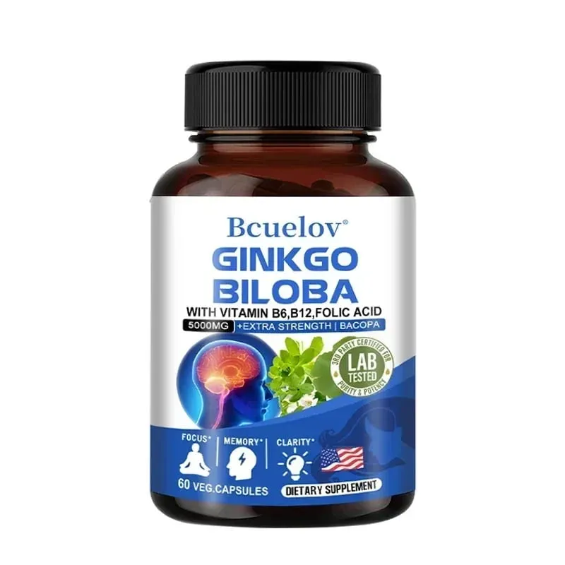 Ginkgo Biloba 5000 mg Força Extra - Suporta Função Cerebral e Foco na Memória Alívio do Estresse 120 Cápsulas Vegetais