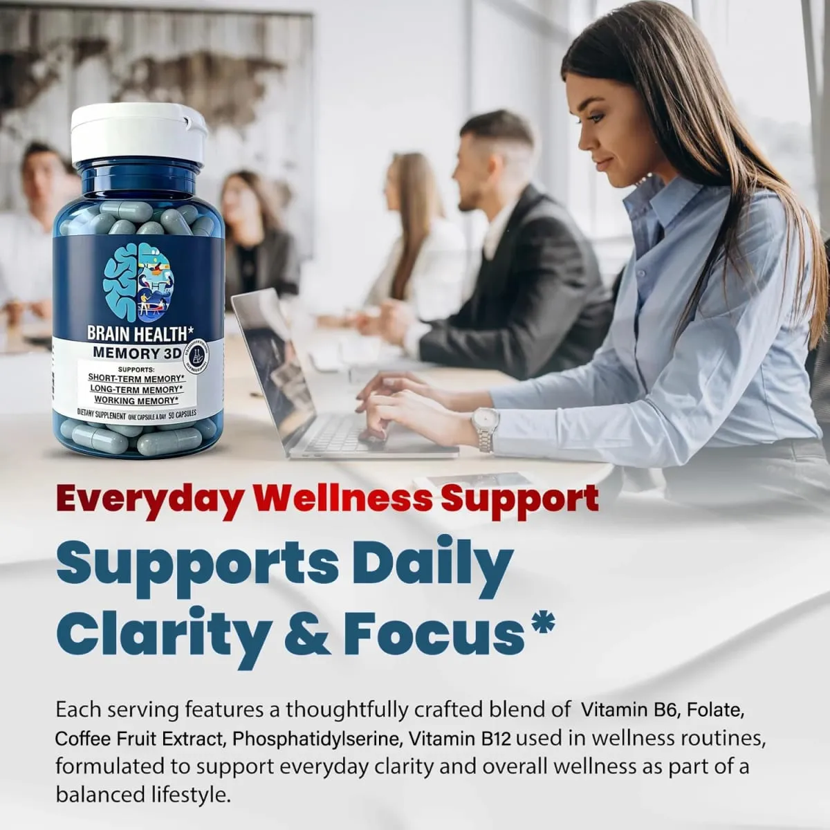 Suplementos cerebrais Memory 3D para memória e foco Vitamina B12 e B6 Ácido fólico 50 cápsulas — image 4
