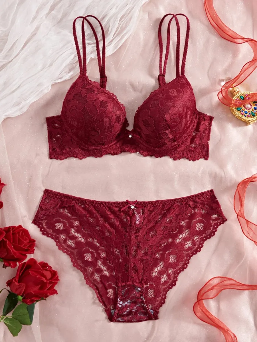 Conjunto de lingerie sexy feminina renda patchwork cor sólida laço strass embelezado push-up alça de ombro dupla sem forro roupa íntima confortável renda semitransparente calcinha respirável