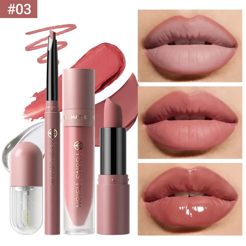 Conjunto de 4 unidades kit de maquiagem labial forro batom líquido óleo labial 8 cores opcionais fosco veludo labial para maquiagem diária de festa — image 8