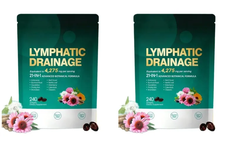 Softgels de suporte linfático com suplemento de ervas de dente de leão de equinácea Fórmula botânica 21 em 1 para sistema de fluxo linfático 240 contagens