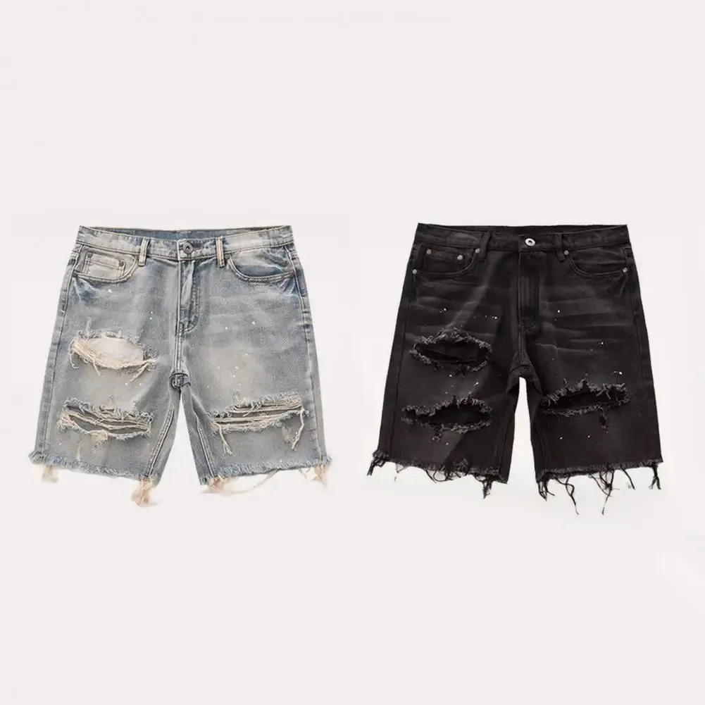 Homens verão angustiado denim shorts botão zíper voar multi bolsos jeans curtos ajuste reto rasgado buracos na altura do joelho angustiado — image 6