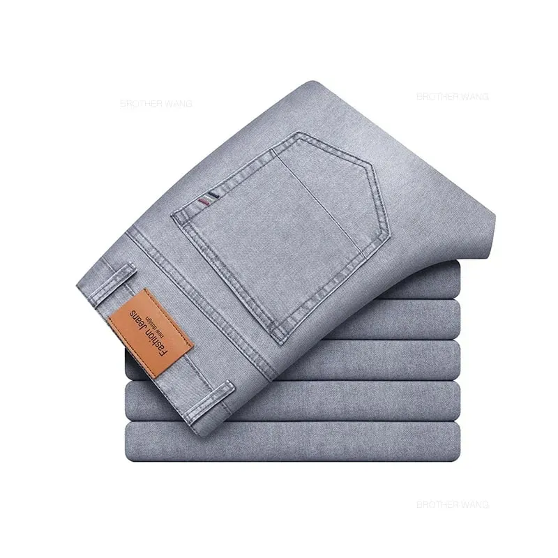 Verão fino masculino elástico algodão jeans moda cinza confortável negócios em linha reta calças casuais marca roupas masculinas