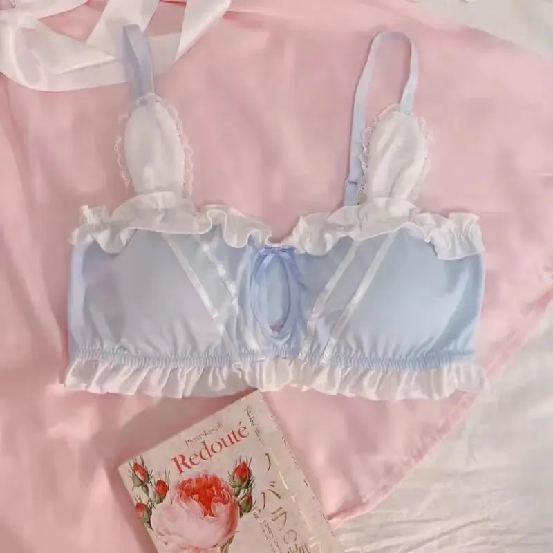 Bonito japonês coelho orelha sutiã calcinha conjunto sem fio fino triângulo sutiã para pequeno peito plano respirável roupa interior diária S-XL