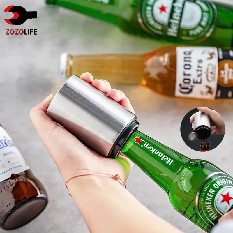 1/2 pçs abridor de garrafa de cerveja automático ímã abridor de cerveja aço inoxidável empurrar para baixo abridor de vinho refrigerante tampa acessório de cozinha — image 2