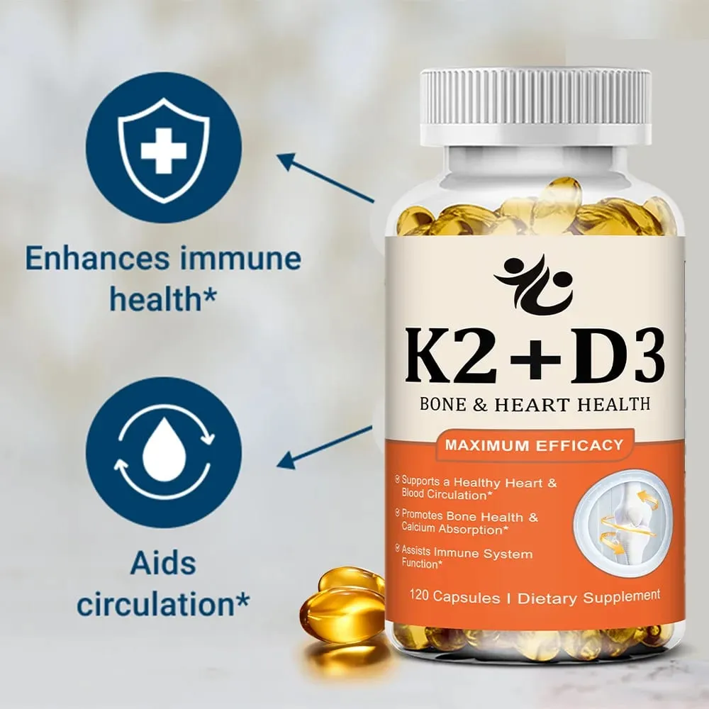 Cápsulas de vitamina D3 + K2 apoiam a absorção de cálcio, bem-estar ósseo e articular, função cardiovascular e saúde do sistema imunológico